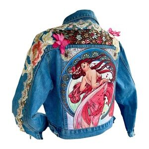 Blue Jean Jacket with Floral Accents and Art Nouveau Design